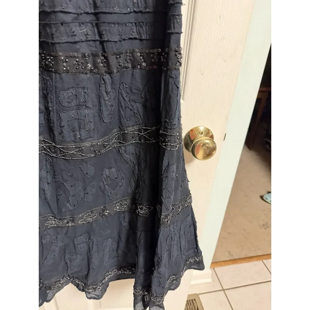 Chico’s black tuscan Crinkle maxi skirt Beaded Textured Hippie 1x 30x37 Boho New